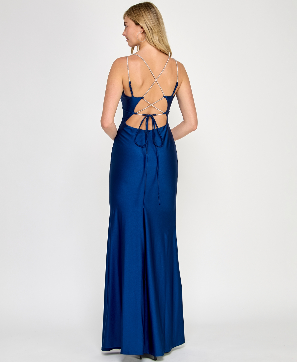 Crystal Doll Juniors' Rhinestone-strap Lace-up-back Gown In Indigo