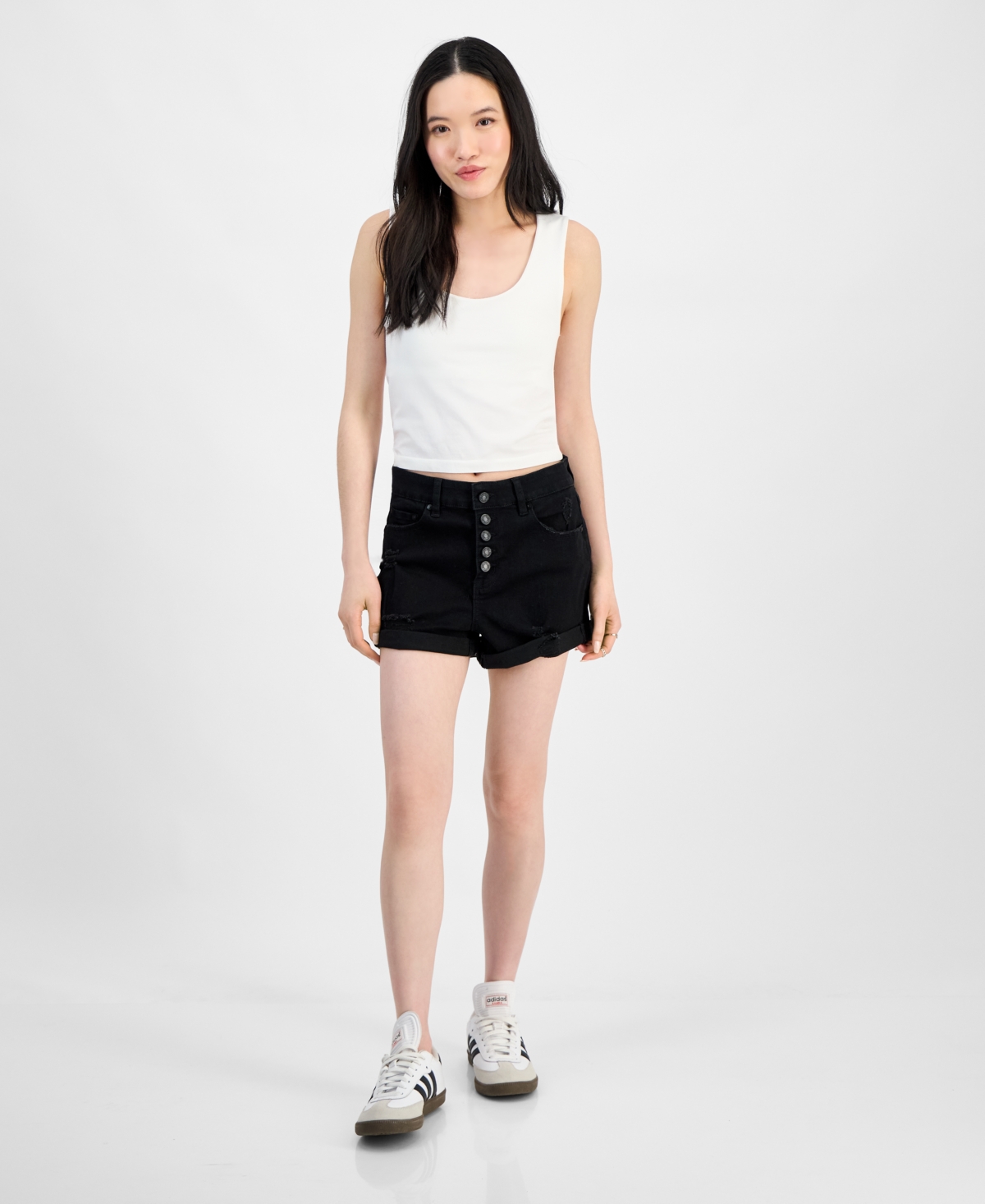 Juniors' Exposed-Button High Rise Destructed Shorts - Black