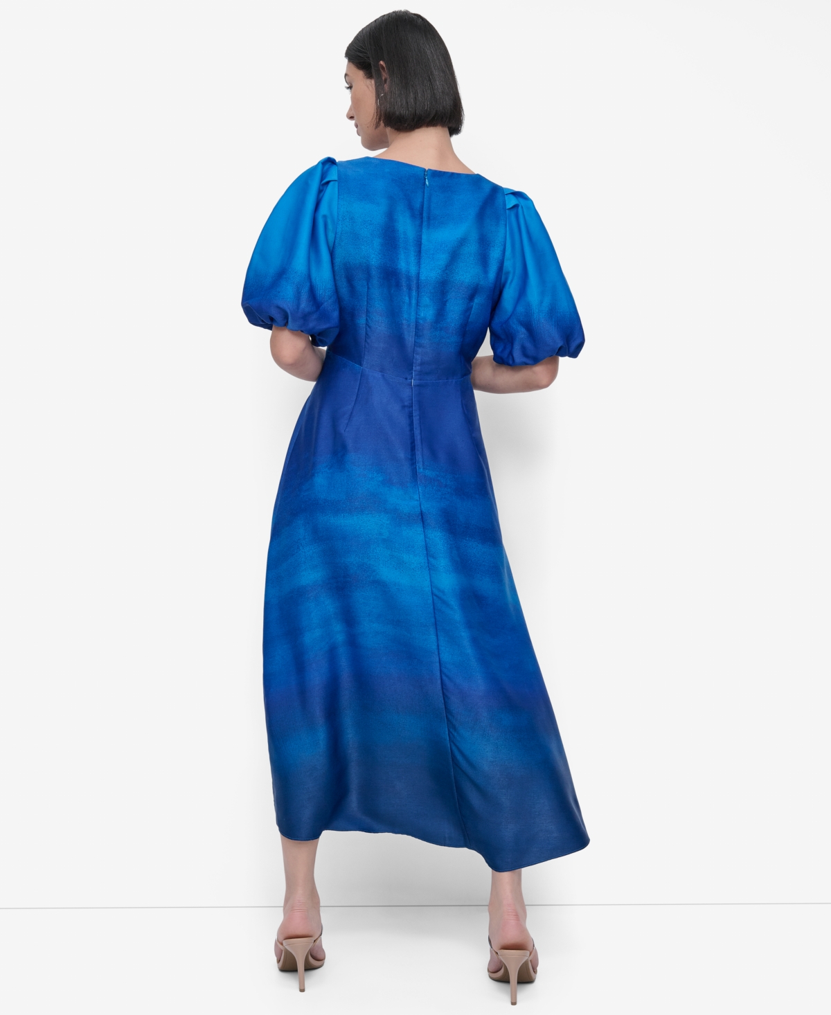 Shop Dkny Women's Printed Satin Puff-sleeve Midi Dress In Cornflower Ombre Border