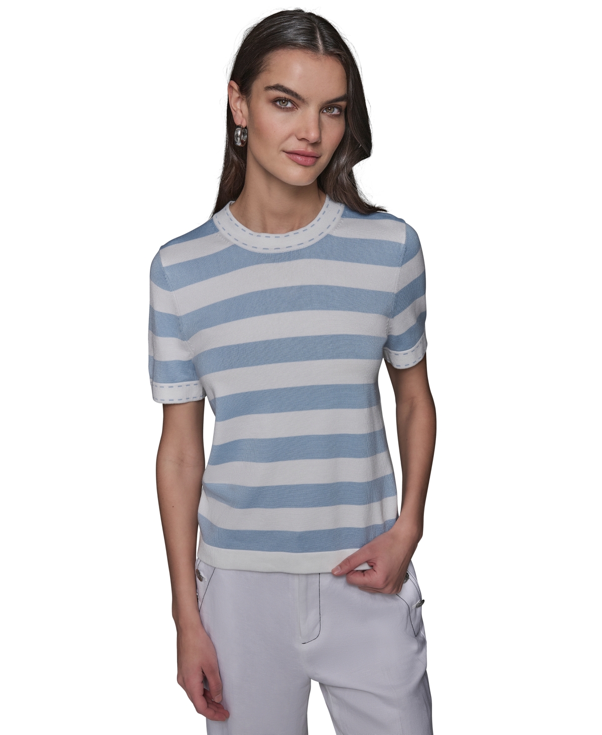 Shop Karl Lagerfeld Women's Stripe Short-sleeve Sweater In Soft White  Chambray