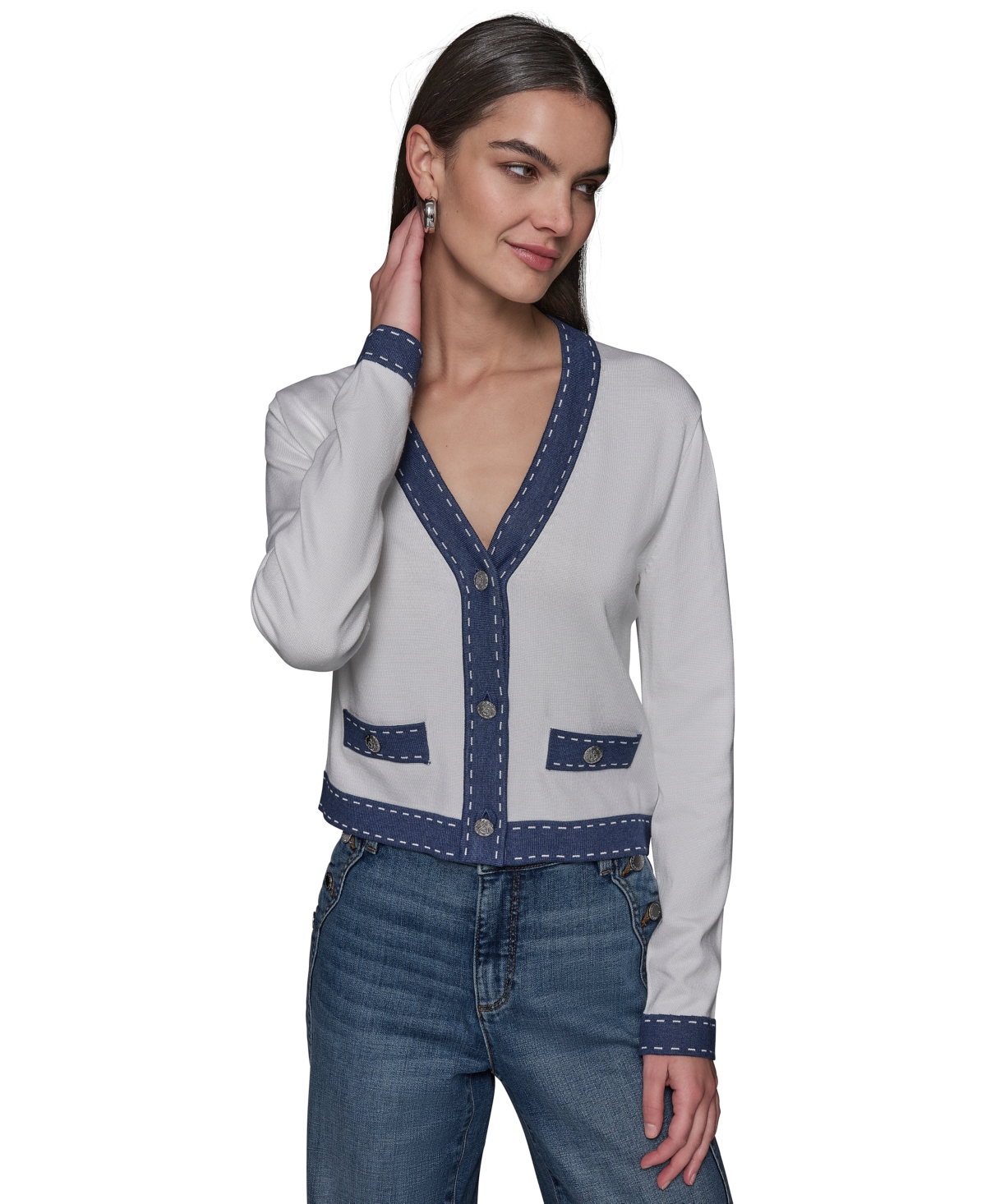 Shop Karl Lagerfeld Women's Contrast-trim V-neck Cardigan In Soft White  Indigo