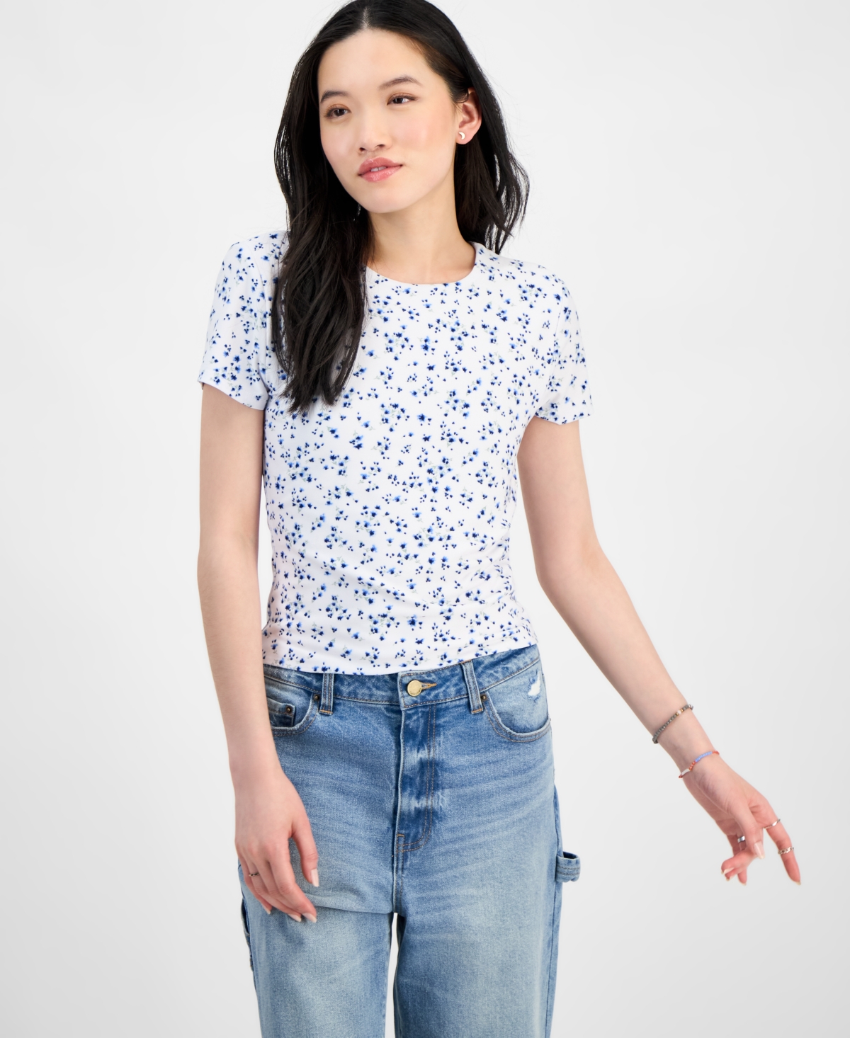 Juniors' 2-Pack Super Soft Crewneck T-Shirts - Bright White/Blue Ditsy Floral