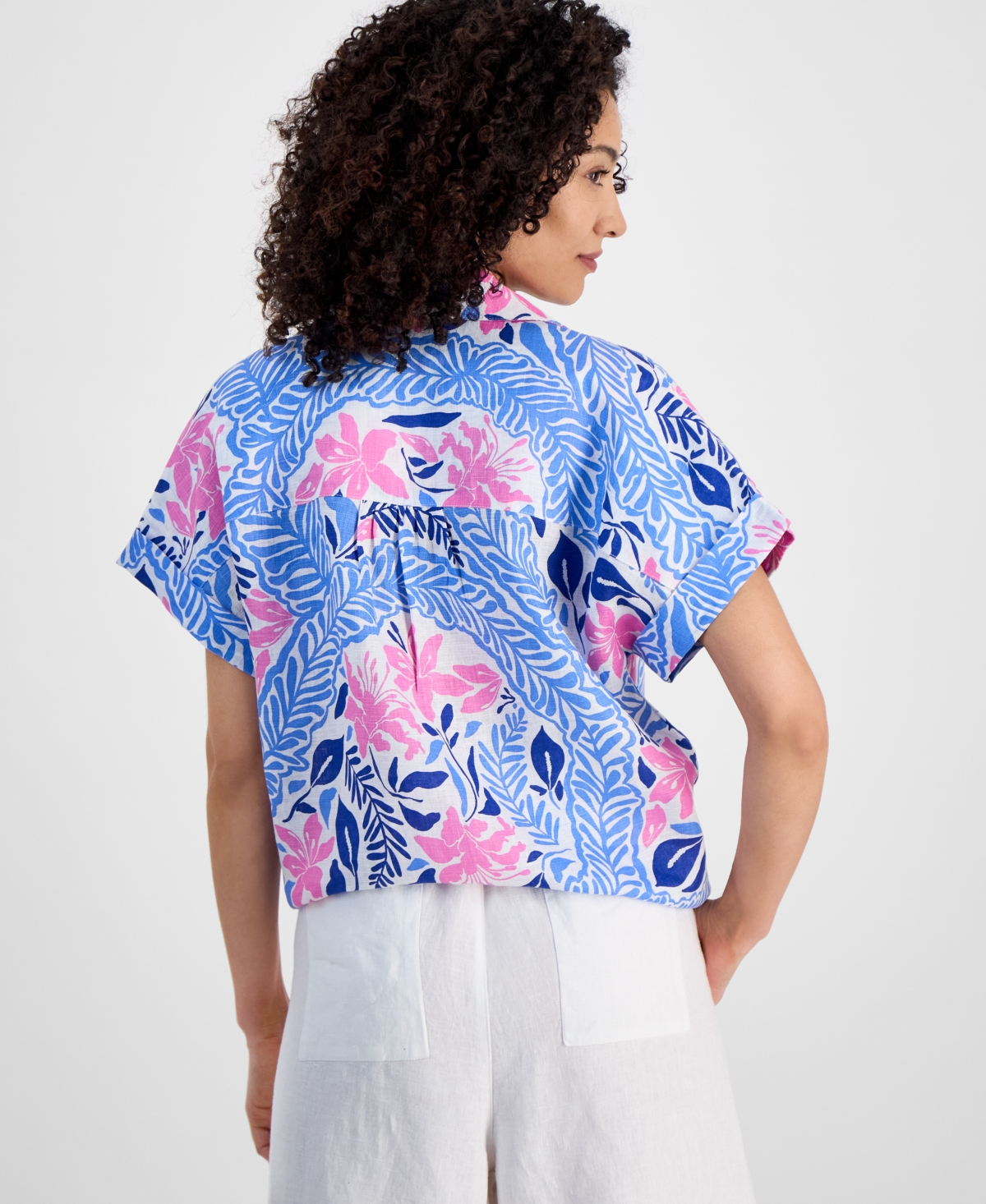 Charter Club Petite 100% Linen Floral-print Tie-front Shirt, Exclusively At Macy's In Bright White