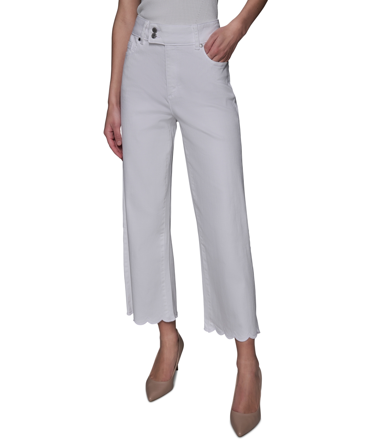 Karl Lagerfeld Women's Scalloped-edge Cropped Jeans In White Denim