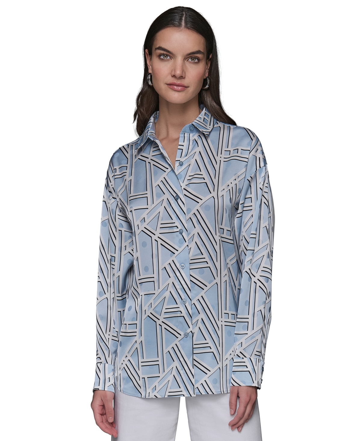 Shop Karl Lagerfeld Women's Satin Geo-print Oversized Button-front Top In Chambray Blue