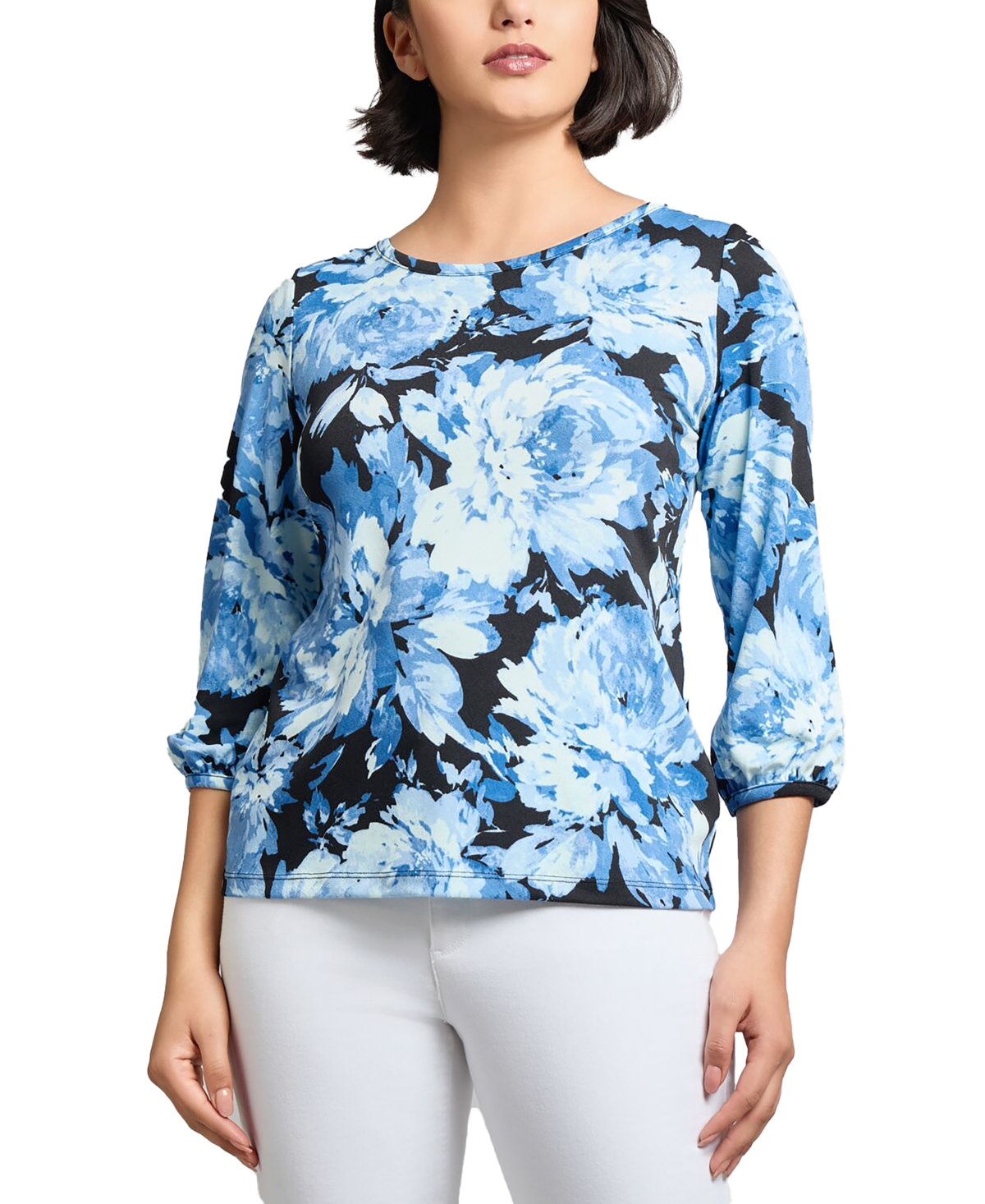 Petite Floral-Print 3/4-Sleeve Blouse - Blue River Multi