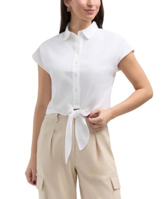 Women's Linen Blend Sleeveless Tie Hem Button Down Top