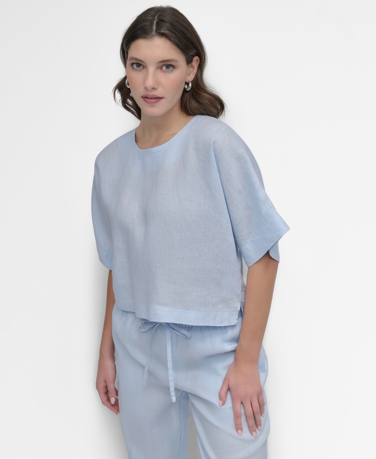 Dkny Linen Drop Shoulder Short Sleeve Top In Skyway Blue
