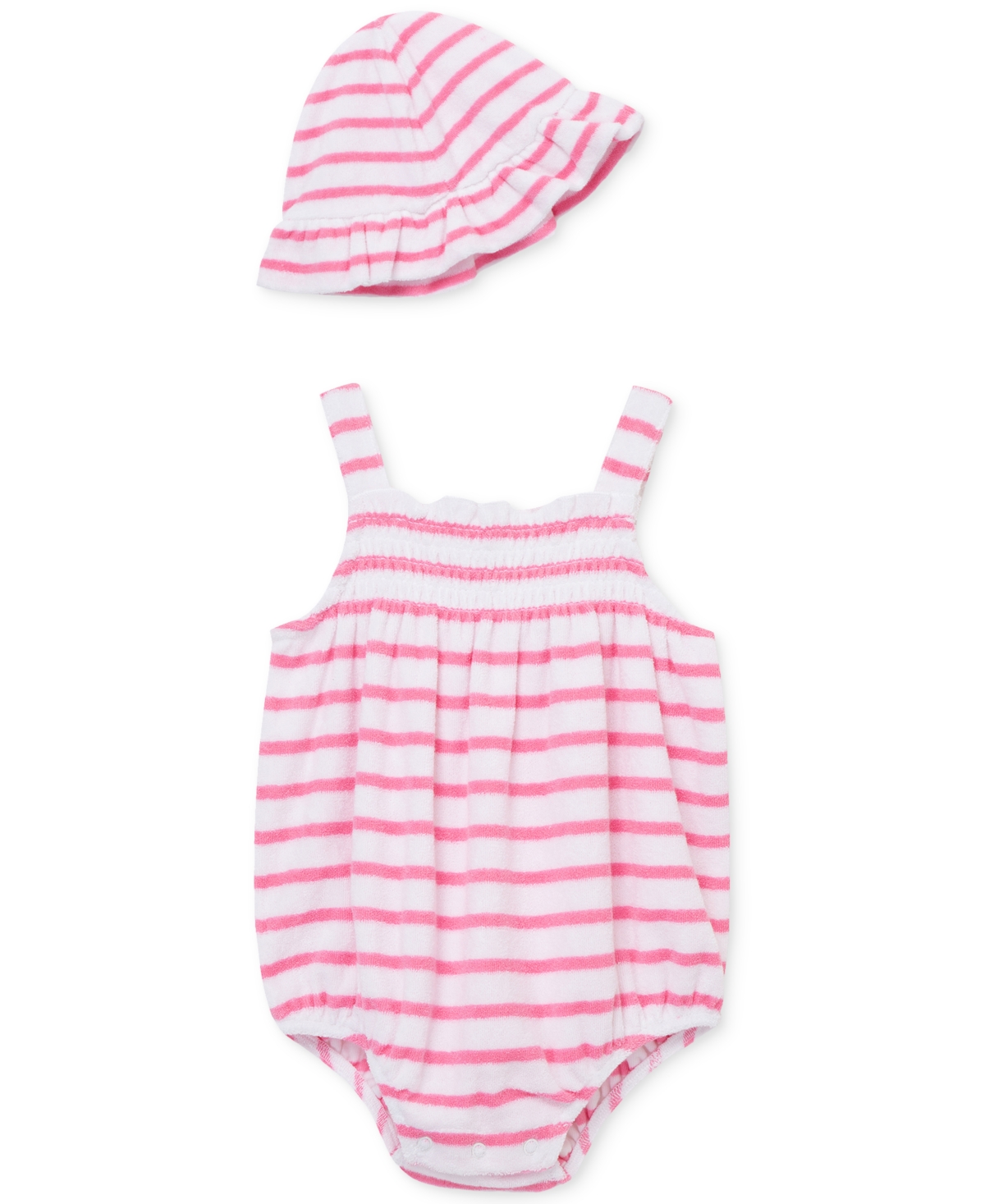 Shop Little Me Baby Girls 2-pc. Stripe Terry Bubble Romper & Bucket Hat Set In Bright Pink