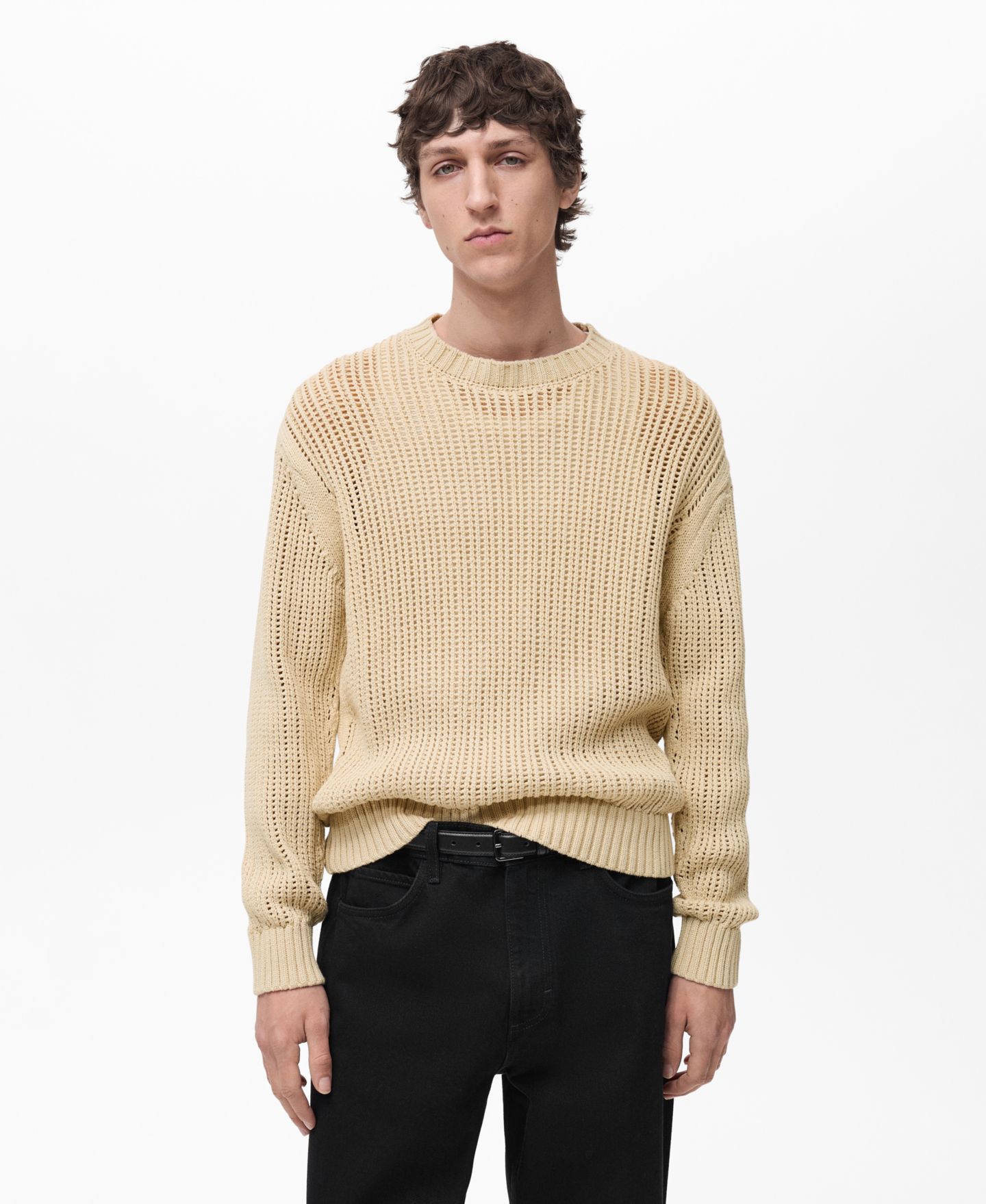 Мужской свитер MANGO Cotton Openwork Knit, цвет: Бежевый — фото 1