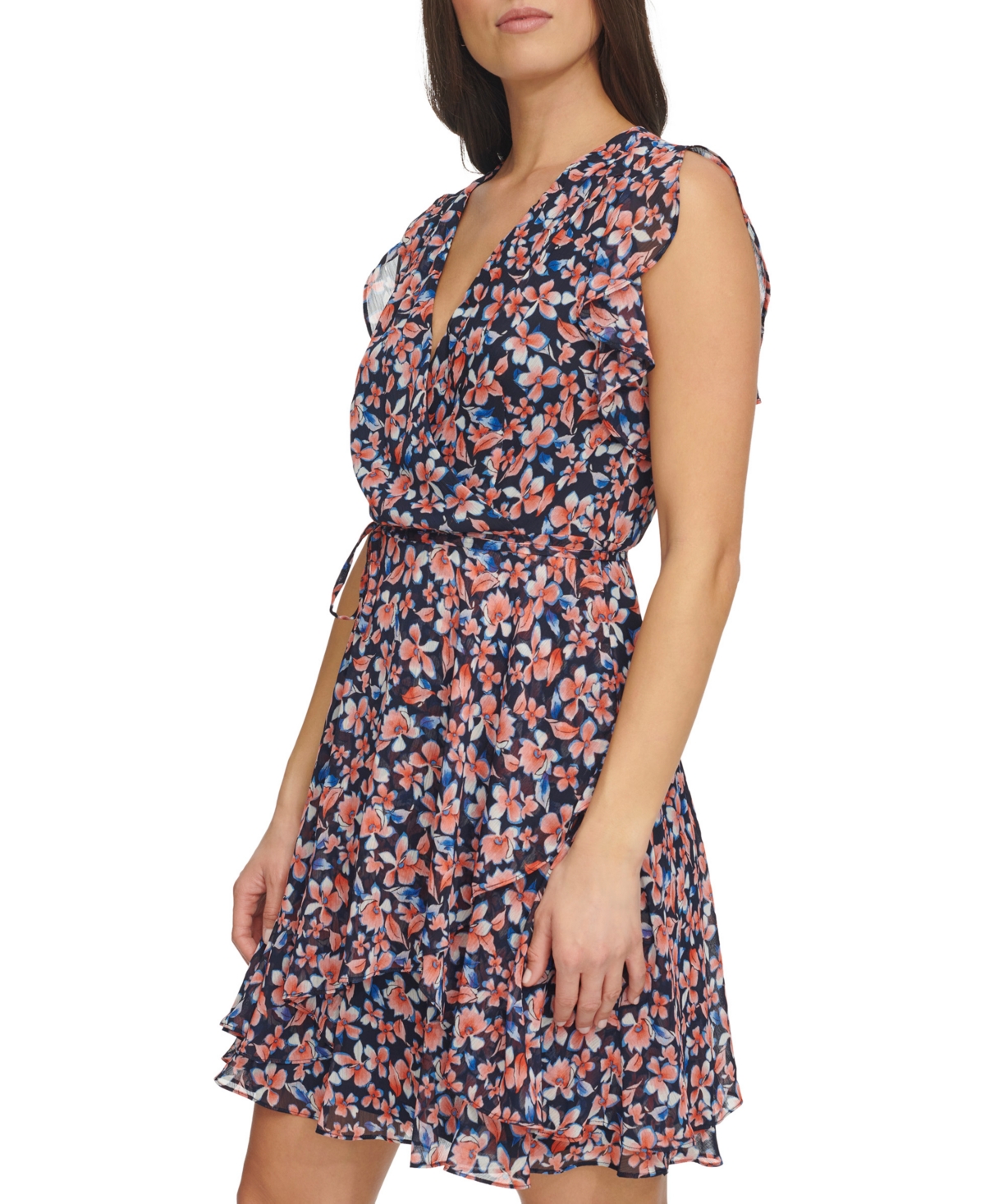 Tommy Hilfiger Women's Flutter-sleeve Faux-wrap Dress In Sky Captain Multi