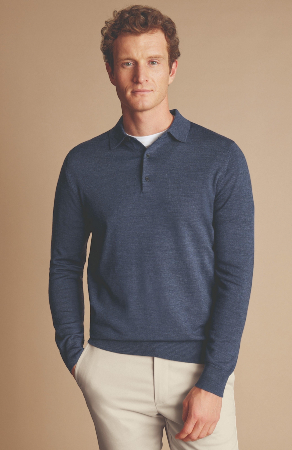 Men's Merino Polo Long Sleeve Sweater - Indigo blue