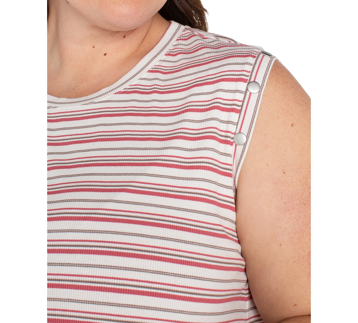 Liverpool Plus Size Crewneck Striped Sleeveless Top In Pink Multi Stripe