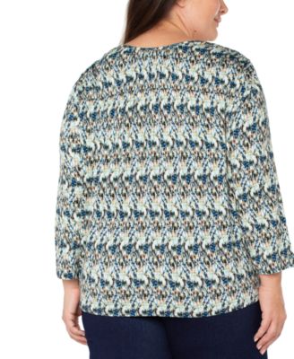 Liverpool Plus Size Printed 3/4-Sleeve V-Neck Top