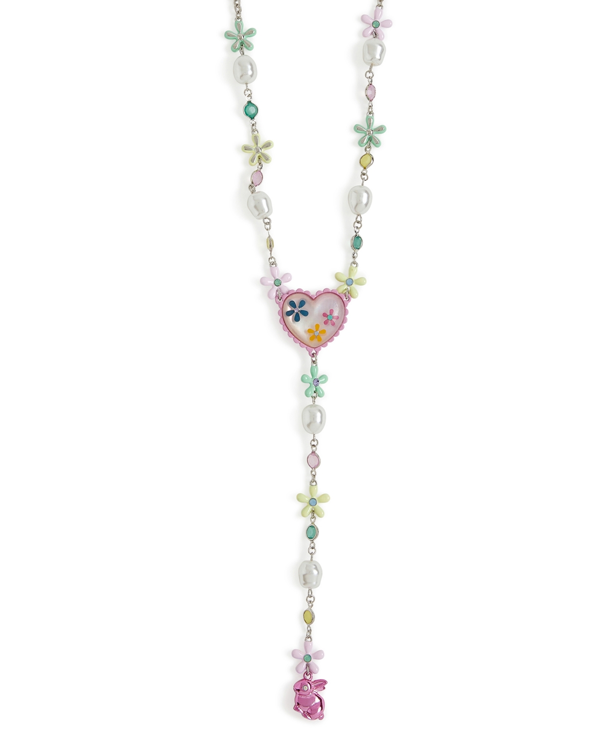 Betsey Johnson Faux Stone Spring Floral Heart Y Necklace In Multi,rhodium