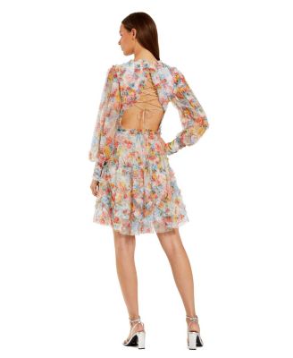 Women's Floral Mesh Ruffle High Neck Mini Dress