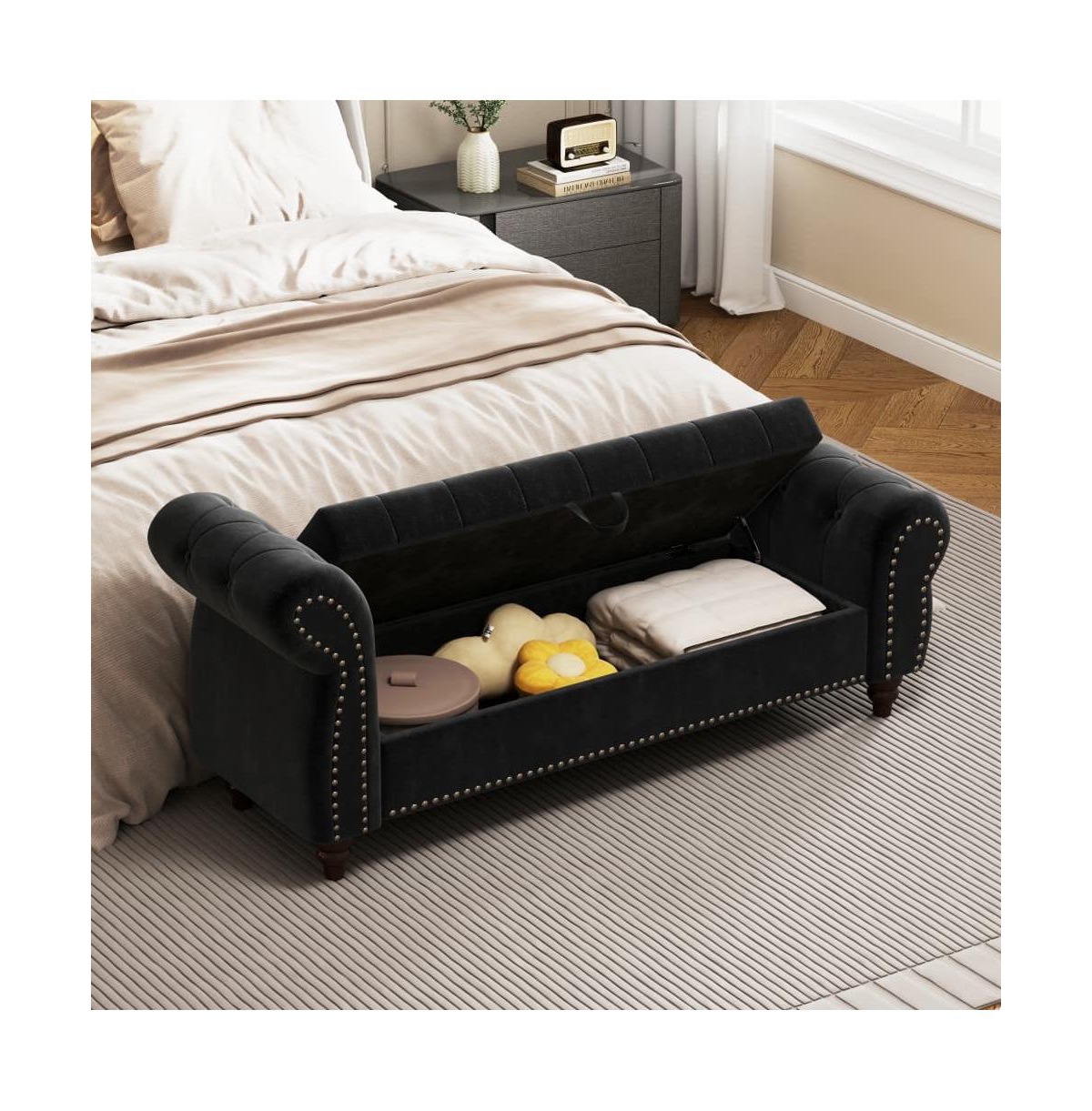 64.5 Inch Velvet Upholstered Storage Bench, Tufted Bed Bench with Nailhead Trim for Bedroom-The Pop Home
