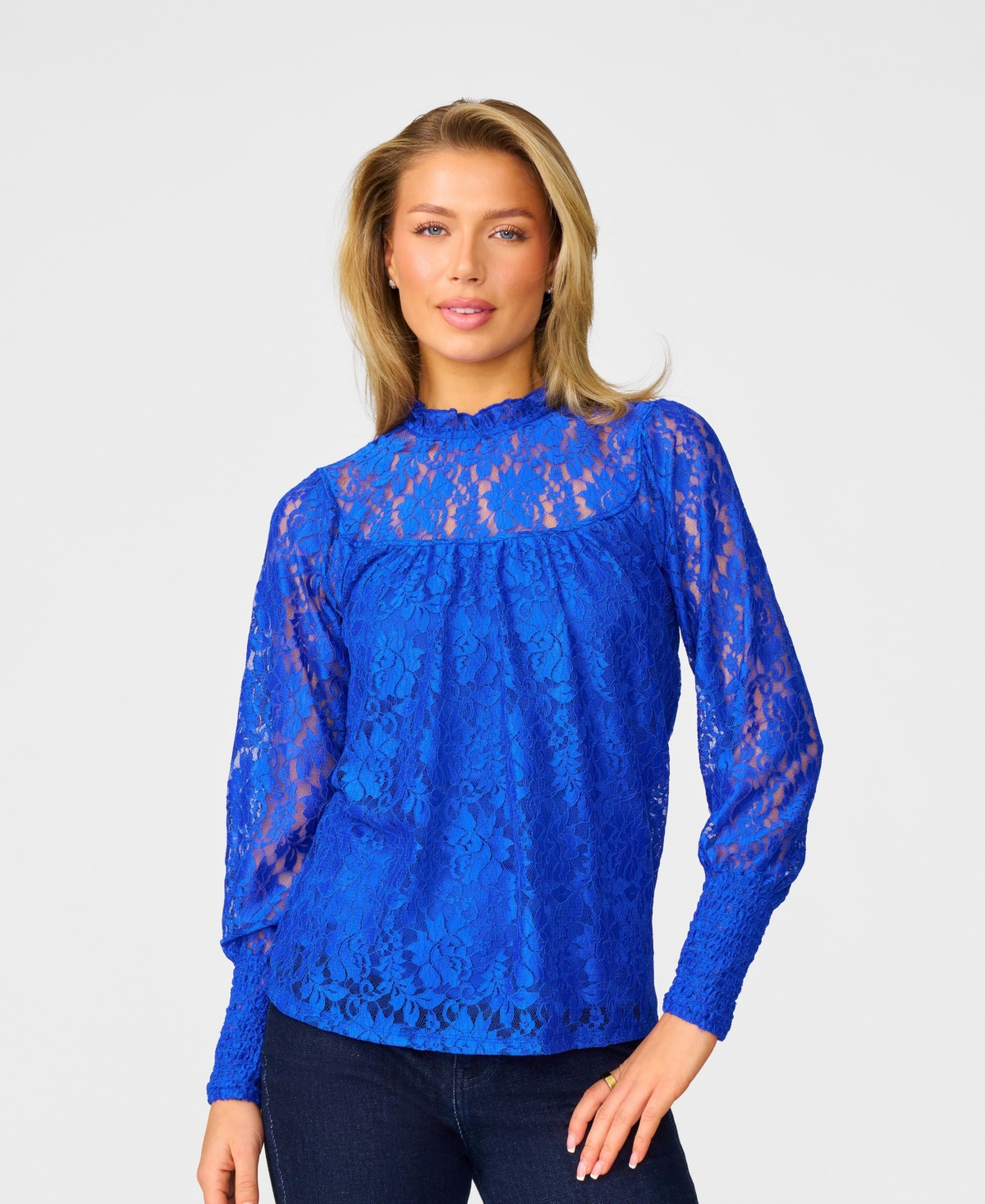 Women's Floral Lace Crew Neck Top - Angelfish blue