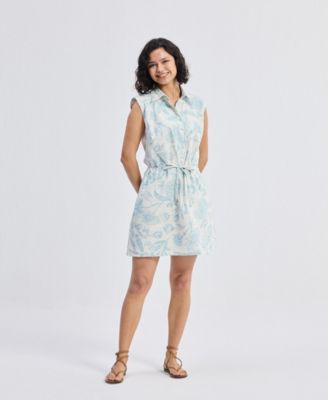Women's Drawstring Shirt Dress in Blue Florals