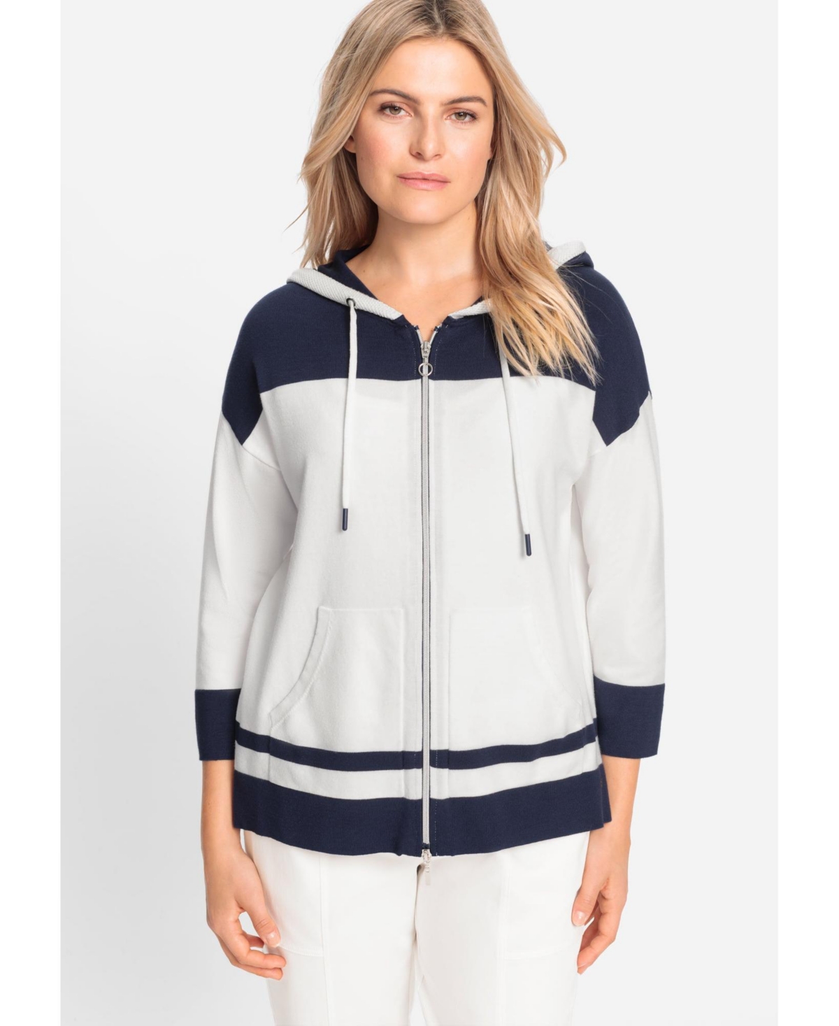 Women's Knit Zip Front Striped Hoodie - Off white