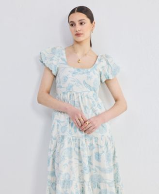 Women's Puff Sleeve Tiered Midi Dress in Blue Florals