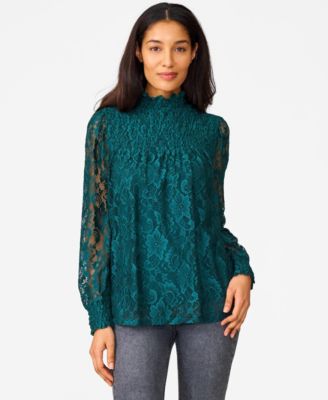 Women's Smocked Mock Neck Lace Top