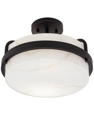 Bregman 13" Modern Semi Flush-Mount Ceiling Light Fixture Kitchen Foyer Drum Black Finish White Stone Glass