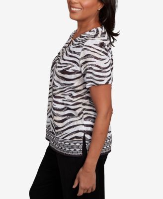 Women's Beaded Split Neck Animal Print Top