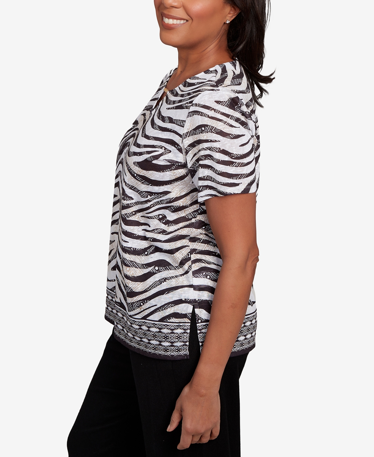 Alfred Dunner Women's Beaded Split Neck Animal Print Top In Multi