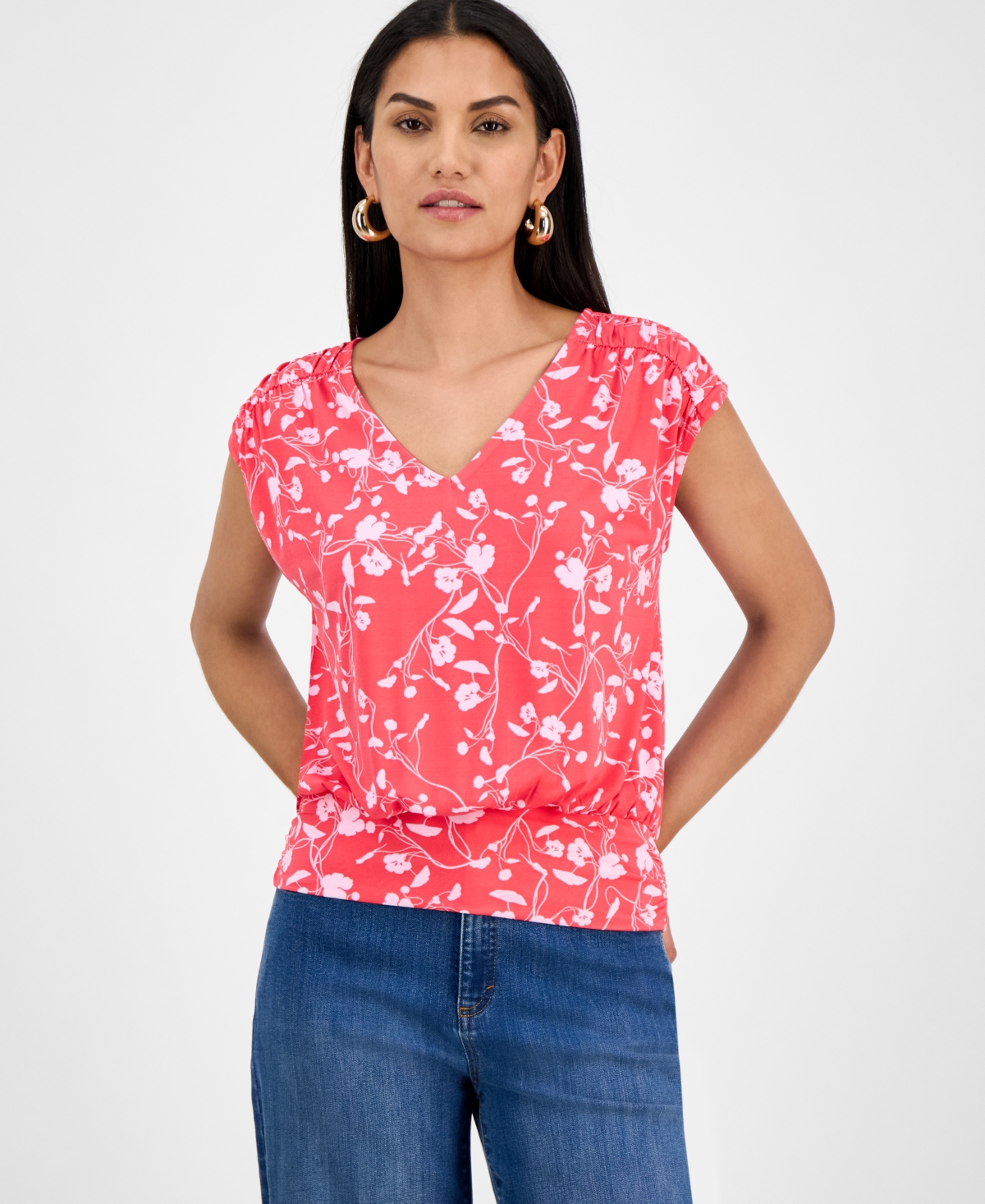 Women's Printed Ruched Cap-Sleeve Top, Exclusively at Macy's - Tali Pink