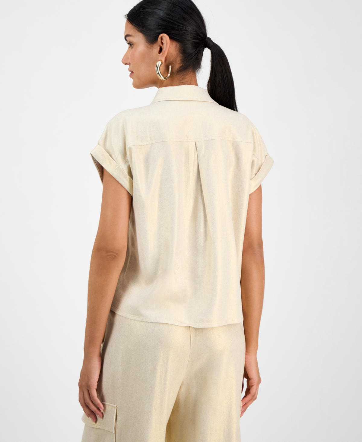 Inc International Concepts Women's Linen-blend Short-sleeve Blouse, Exclusively At Macy's In Neutral