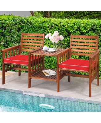 Patio Outdoor Conversation Set Acacia Wood Loveseat  w/ Cushion Table