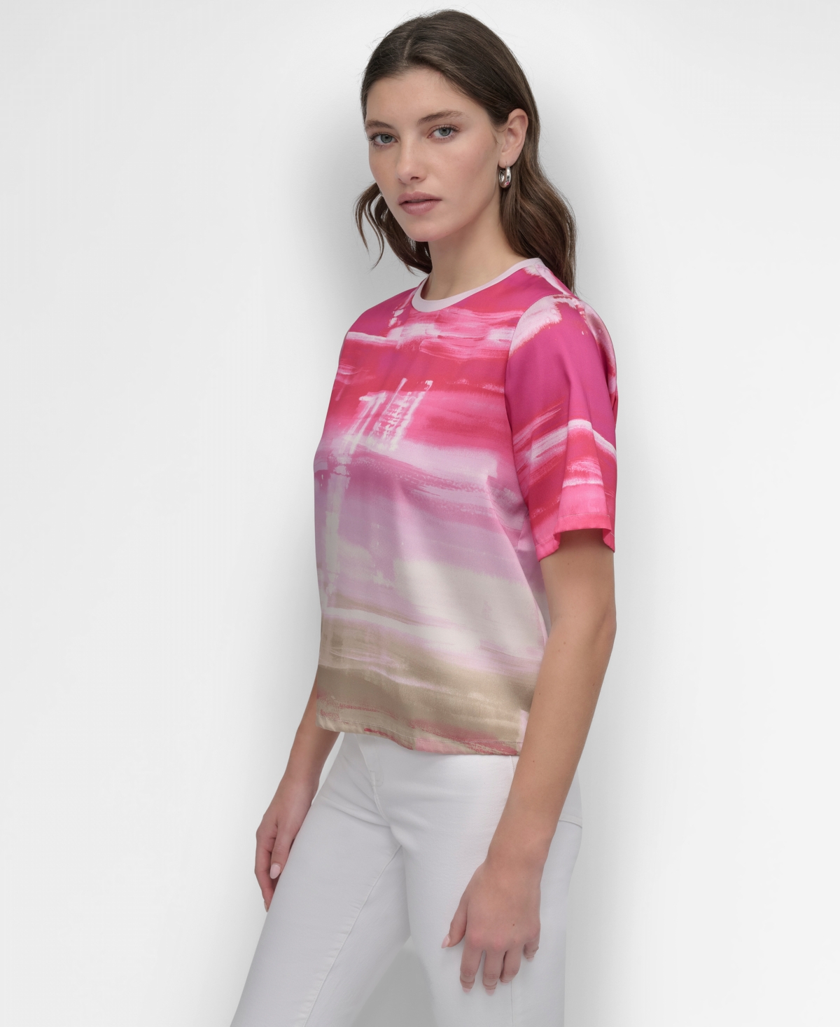 Dkny Print Scarf Twill Short Sleeve Top In Pink