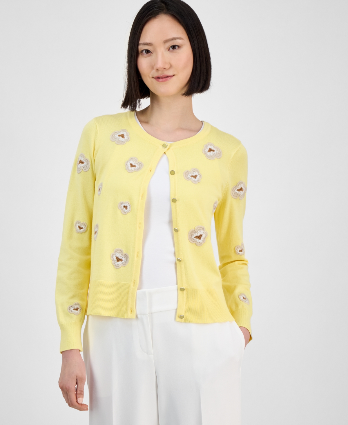T Tahari Women's Floral-embroidered Button-front Cardigan In Yellow Sky