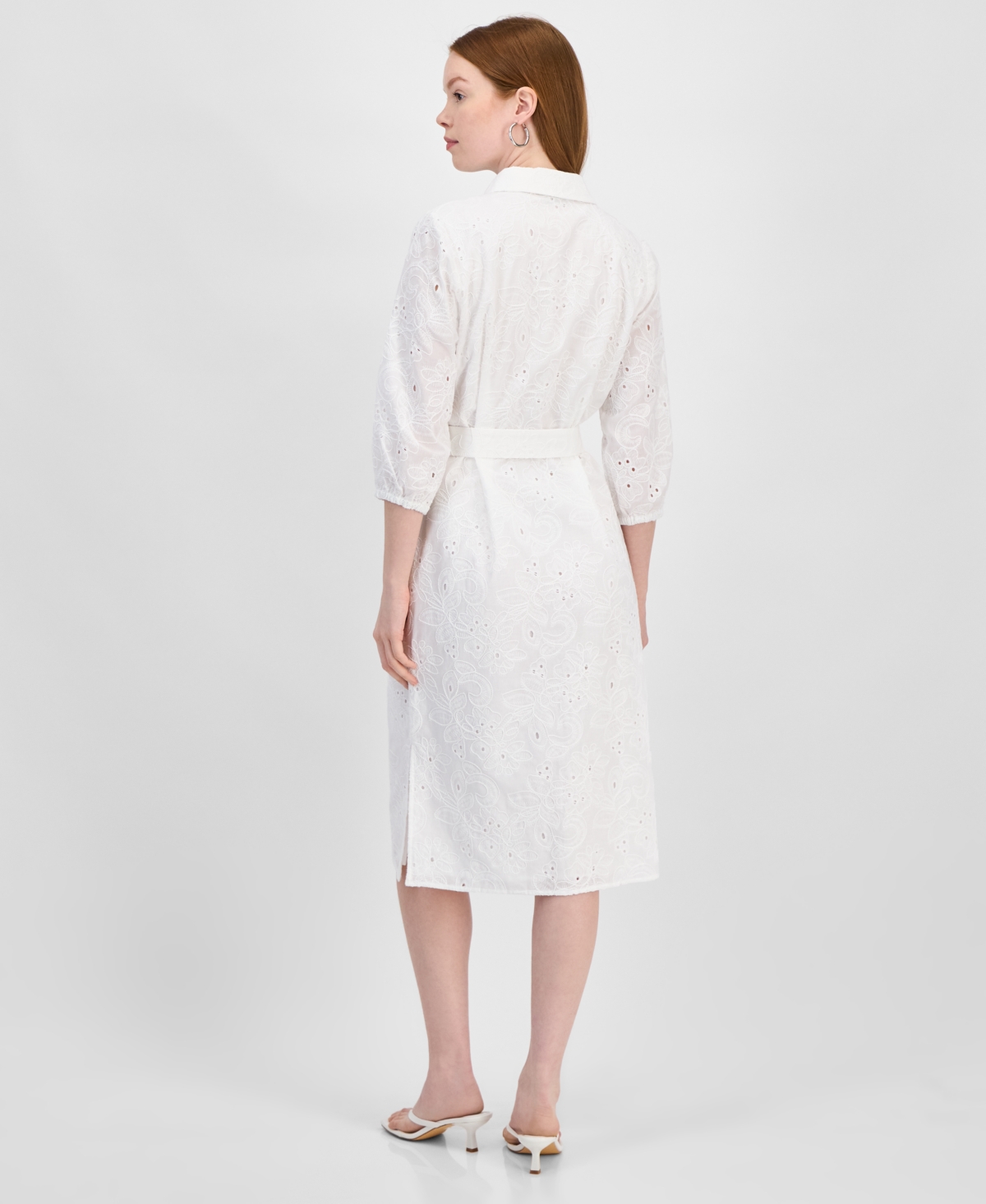T Tahari Women's Embroidered Eyelet Belted Shirtdress In White Star