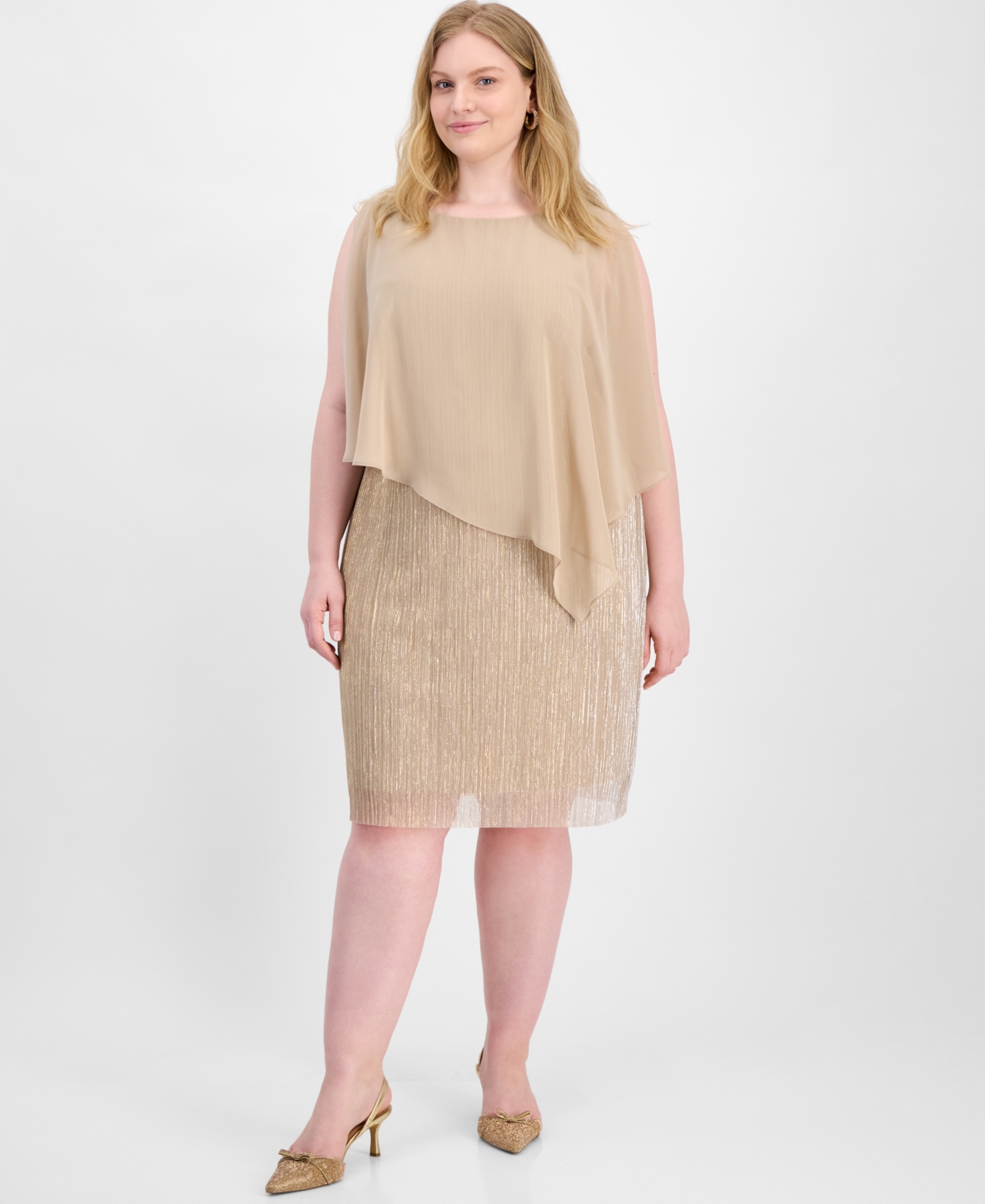Plus Size Cape-Overlay Dress - Gold/Silver