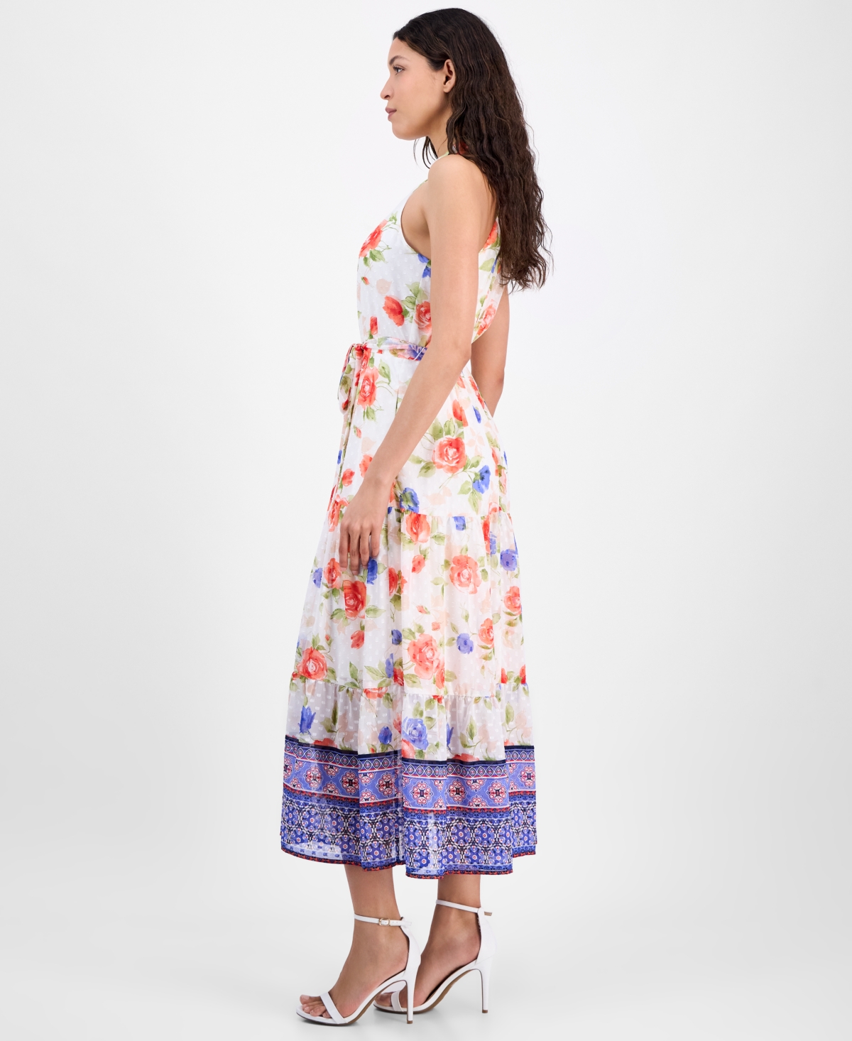 Shop Anne Klein Women's Printed Chiffon Sleeveless Midi Dress In Pearl White Multi