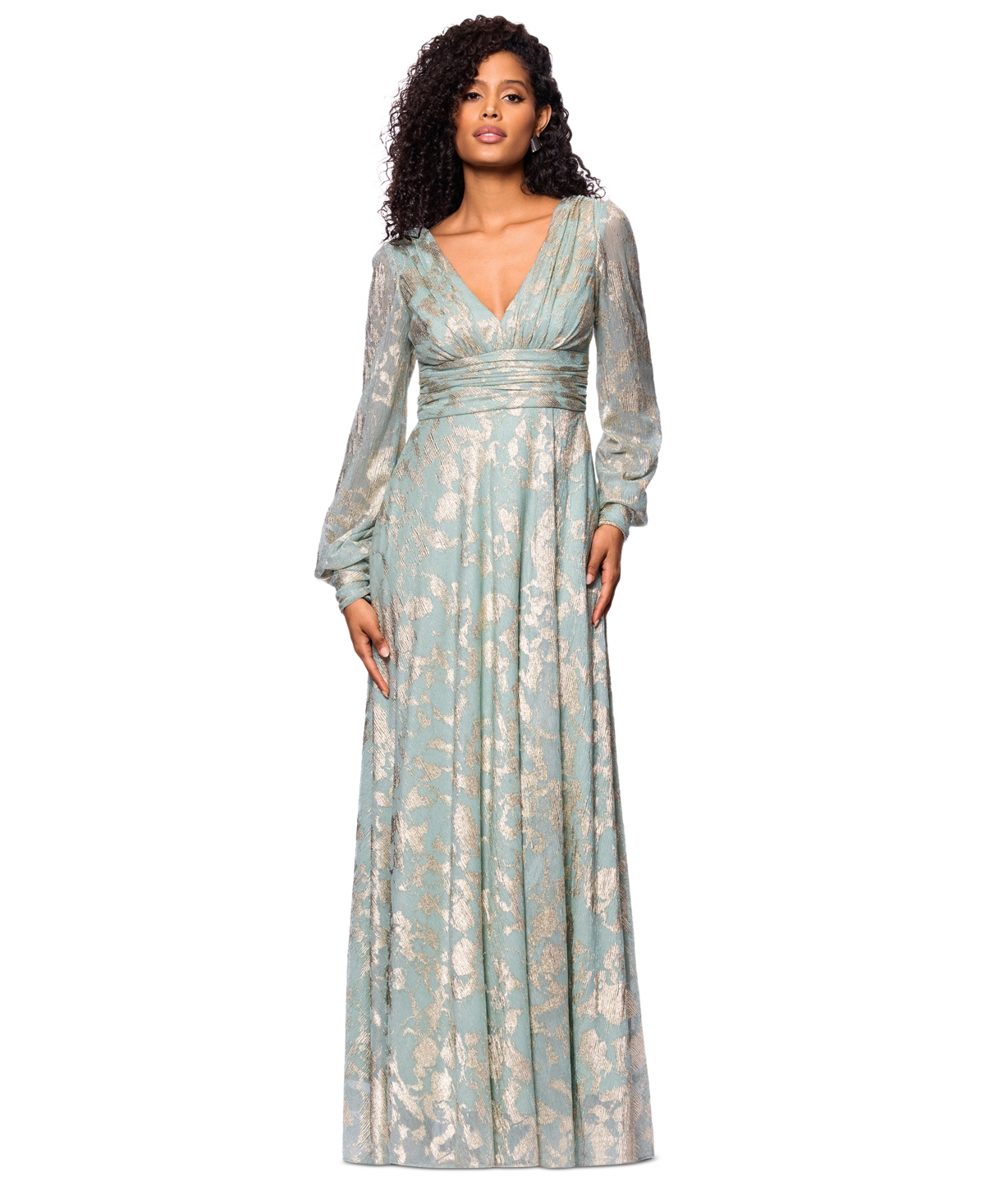 Betsy & Adam Metallic Jacquard Long Sleeve Gown In Green