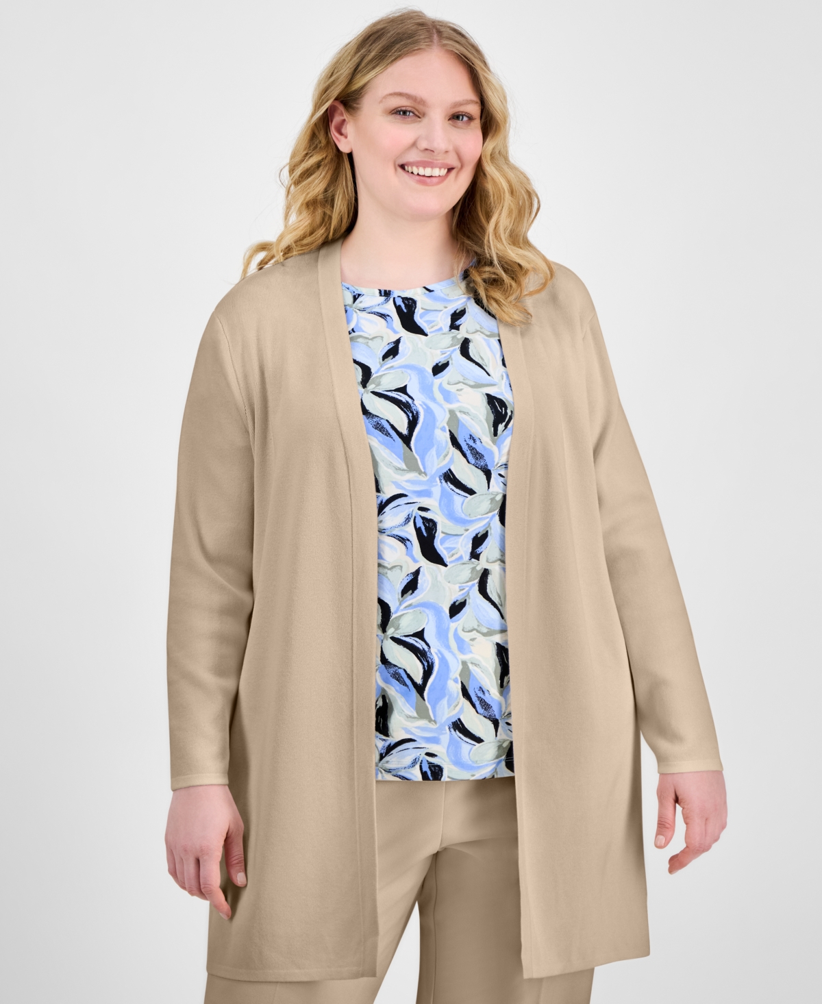 Shop Ak Anne Klein Plus Size Open-front Long-sleeve Side-slit Cardigan In Latte