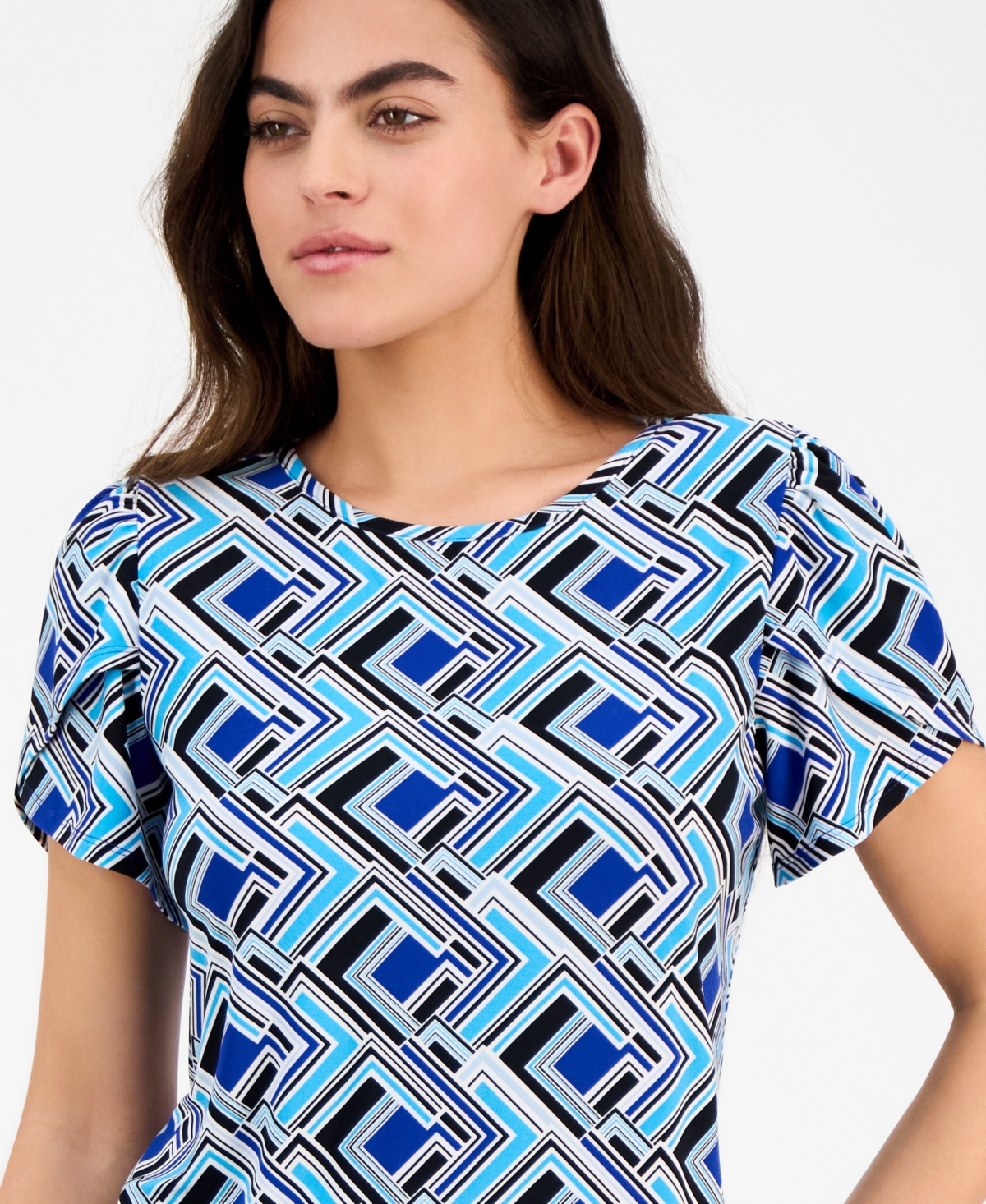 Ak Anne Klein Petite Geo-print Tulip-sleeve Top In Santorini Blue Multi