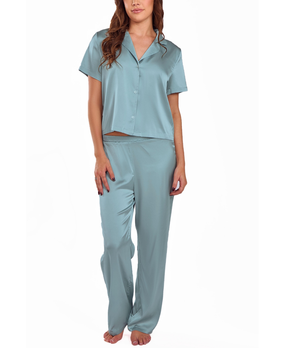 Women's Satin notch Shirt and Pant Pajama Set - Sage