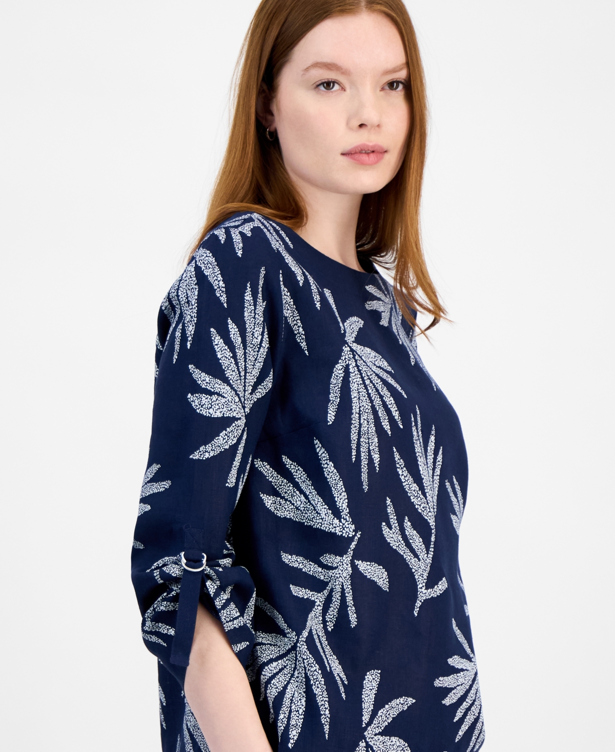 CHARTER CLUB WOMEN'S 100% LINEN TEXTURED PALM-PRINT TOP, EXCLUSIVELY AT MACY'S 