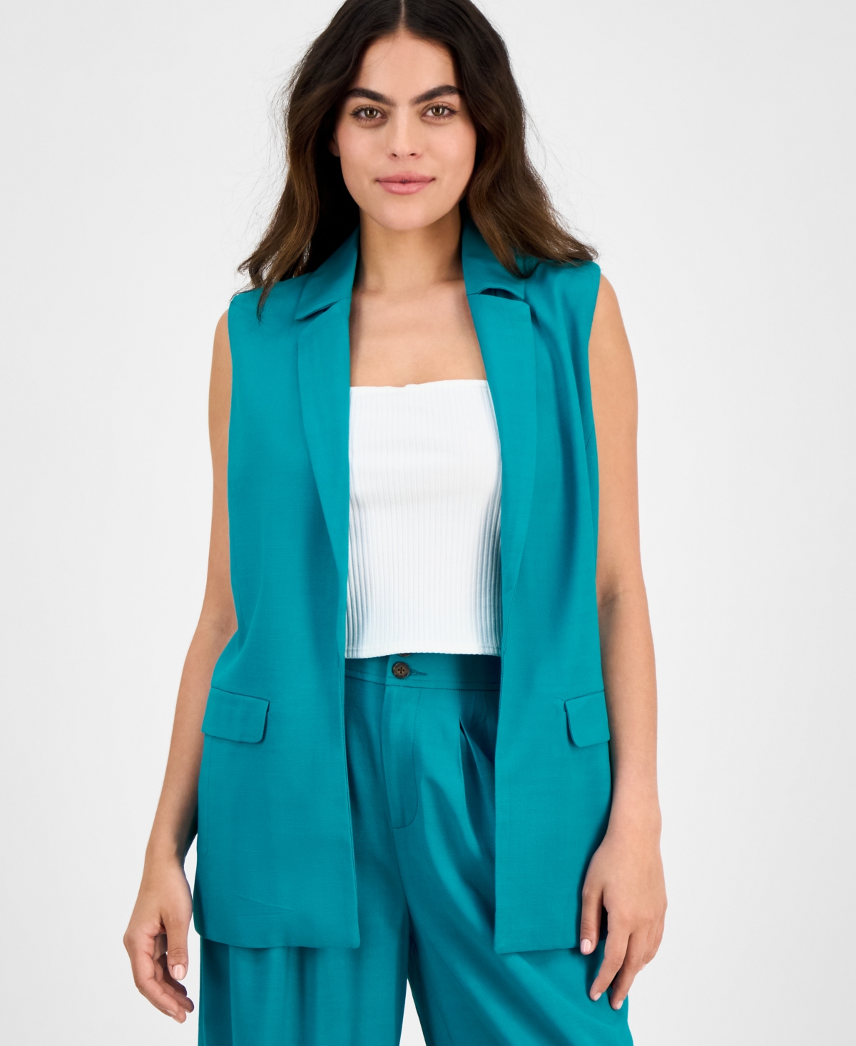 Petite Open-Front Long Vest, Created for Macy's - Vibrant Teal