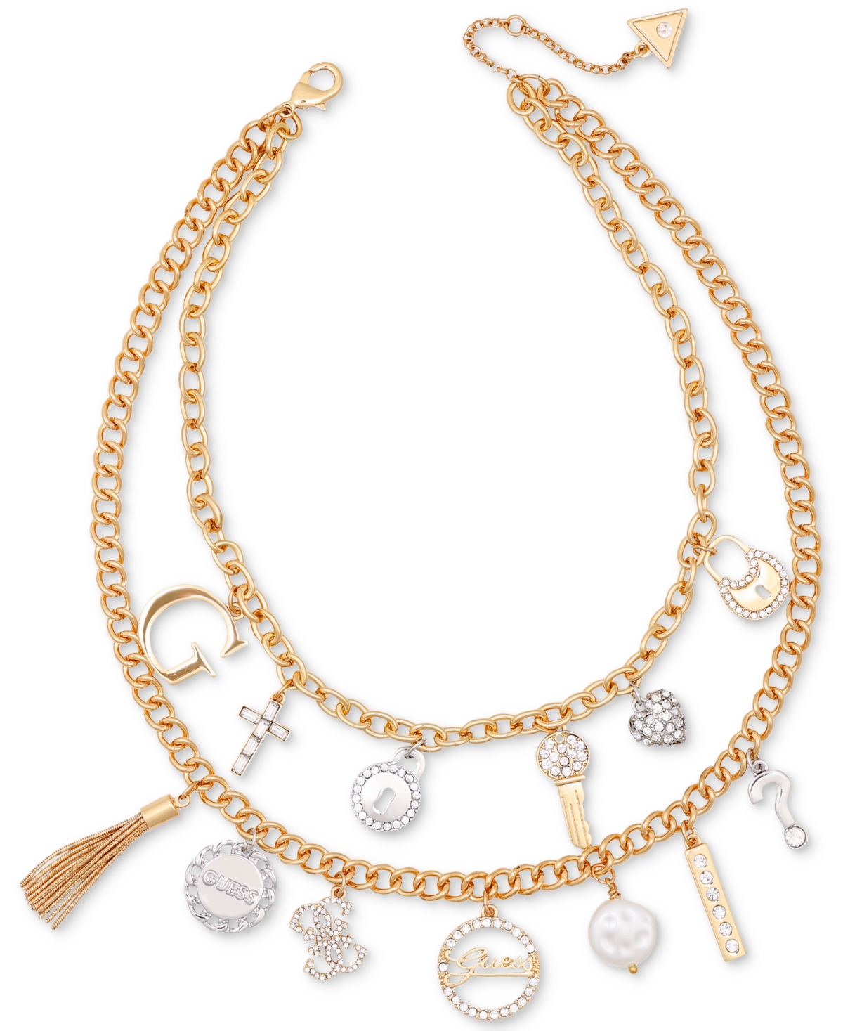 Two-Tone Mixed Stone Multi-Charm Layered Necklace, 16" + 2" extender - Gold