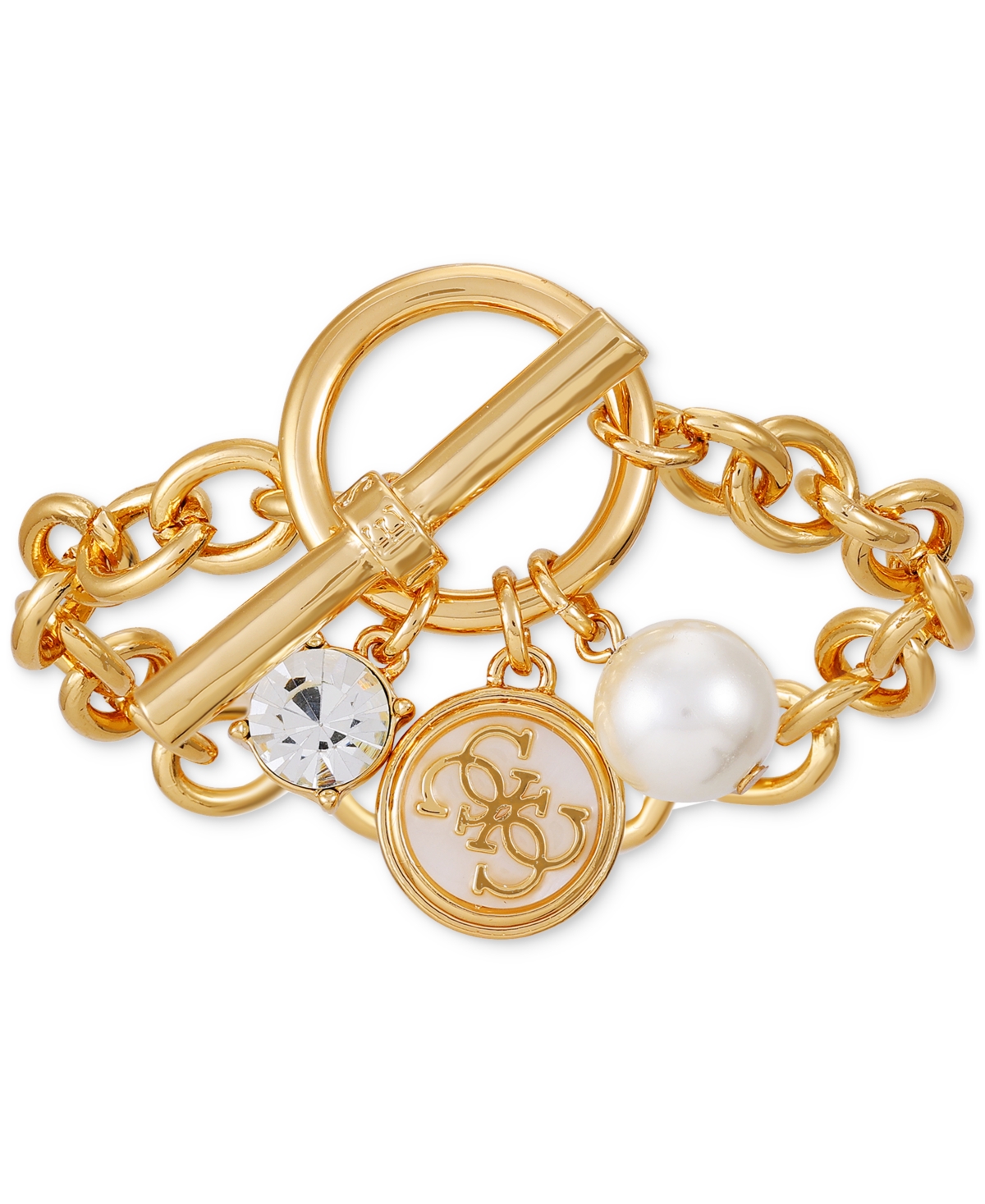 Guess Gold-tone Mixed Stone Logo Charm Link Bracelet In Gold