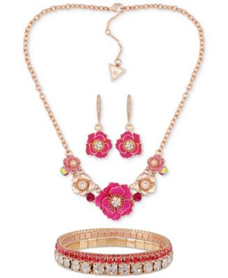 GUESS - Flower Statement Necklace, Drop Earrings & Stretch Bracelet Set