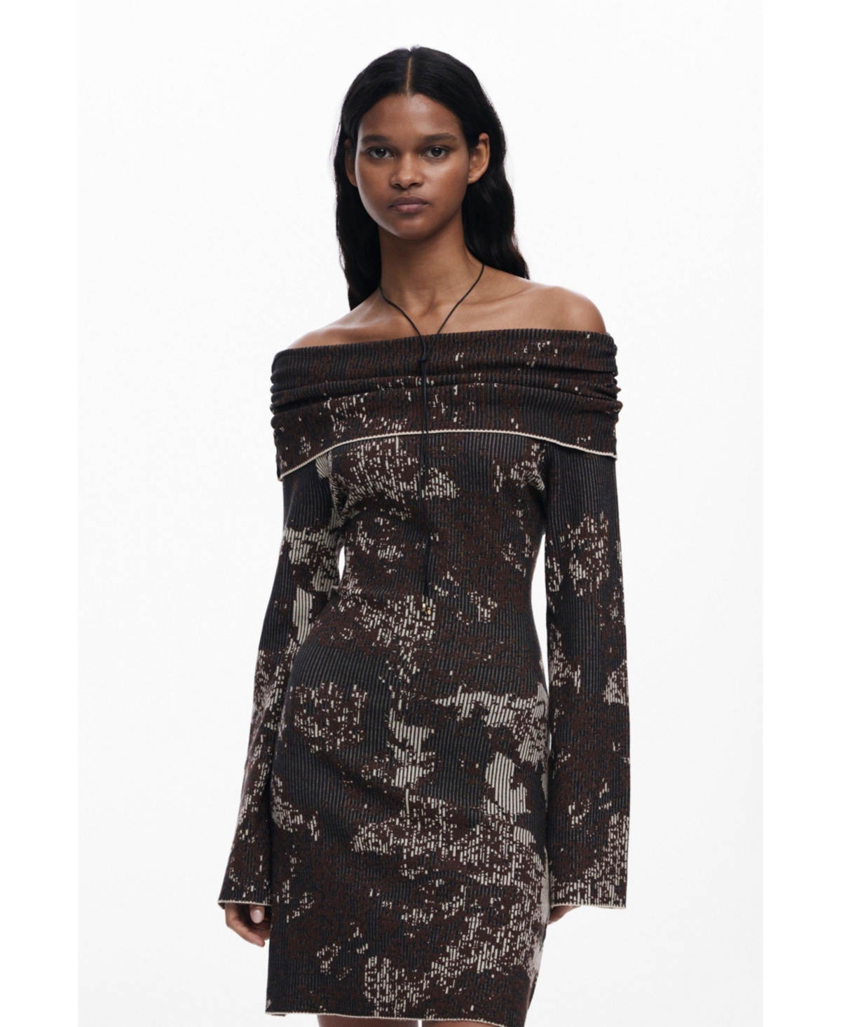 Shop Desigual Women's Fitted Bardot Dress In Brown