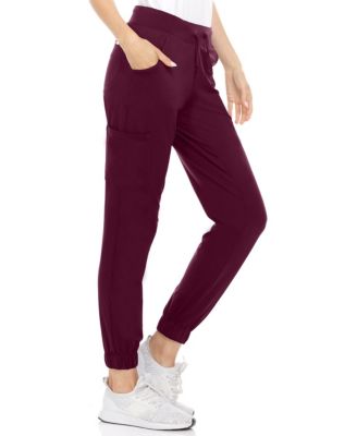 Women's Scrubs Mid Rise Six Pocket Yoga Scrub Joggers, Wine Large