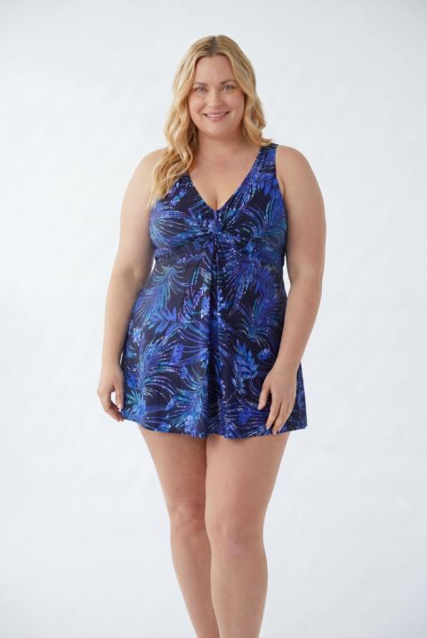 Купальник, V-образный вырез, с юбкой, с перекрутом — Swimsuits for All, цвет: Синий пальмовый