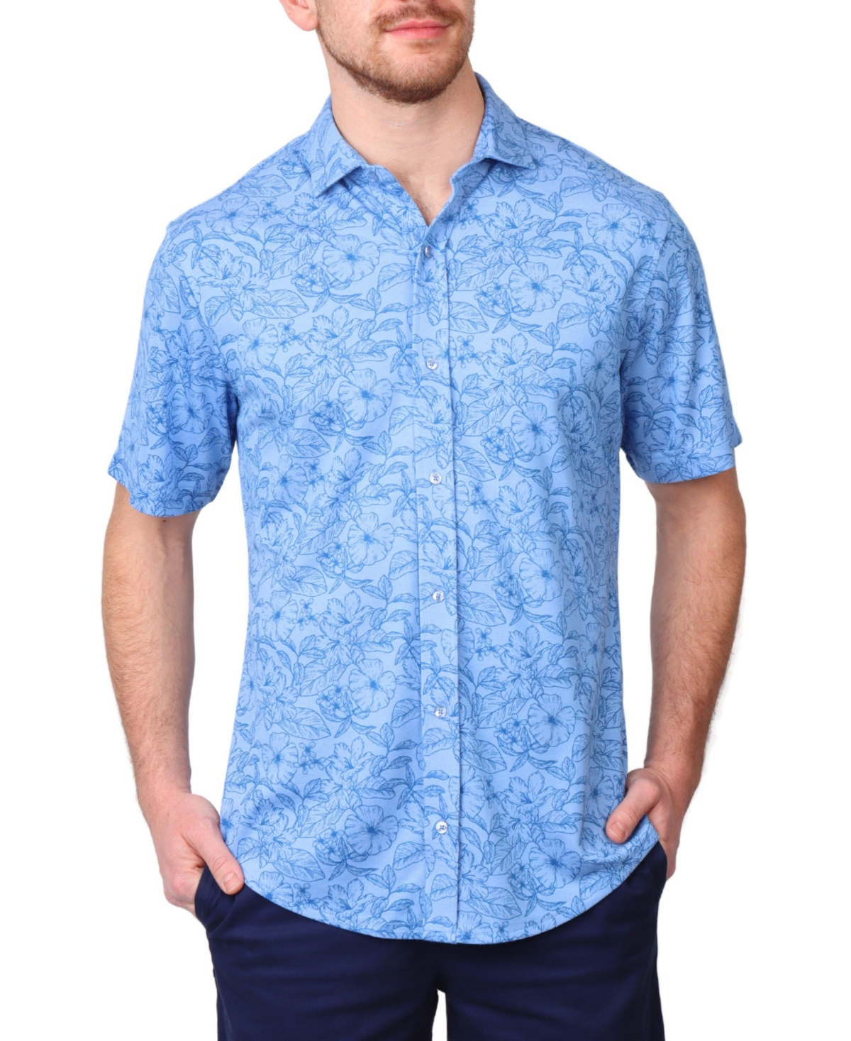 Men's Modal Short Sleeve Shirt with Tropical Tonal Print - Oxford blue